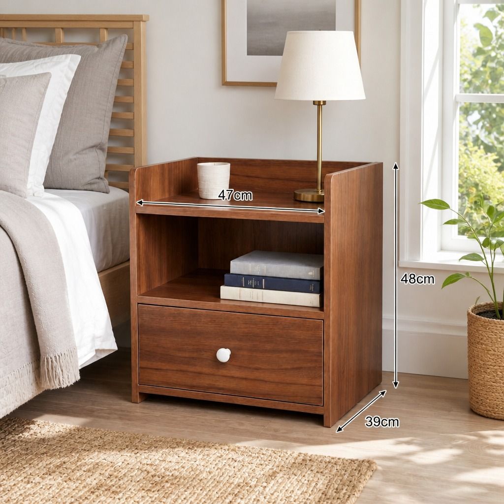 HYGGO Vintage Bedside Table Walnut Nightstand Drawer Open Shelf White Knob 48cm