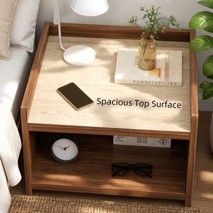 HYGGO Vintage Bedside Table Walnut Nightstand Drawer Open Shelf White Knob 48cm