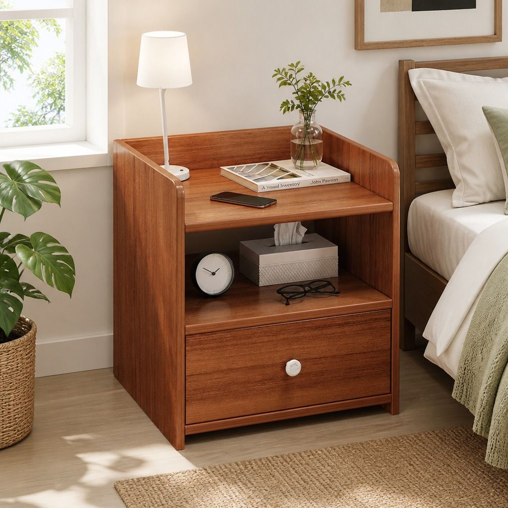 HYGGO Vintage Bedside Table Walnut Nightstand Drawer Open Shelf White Knob 48cm