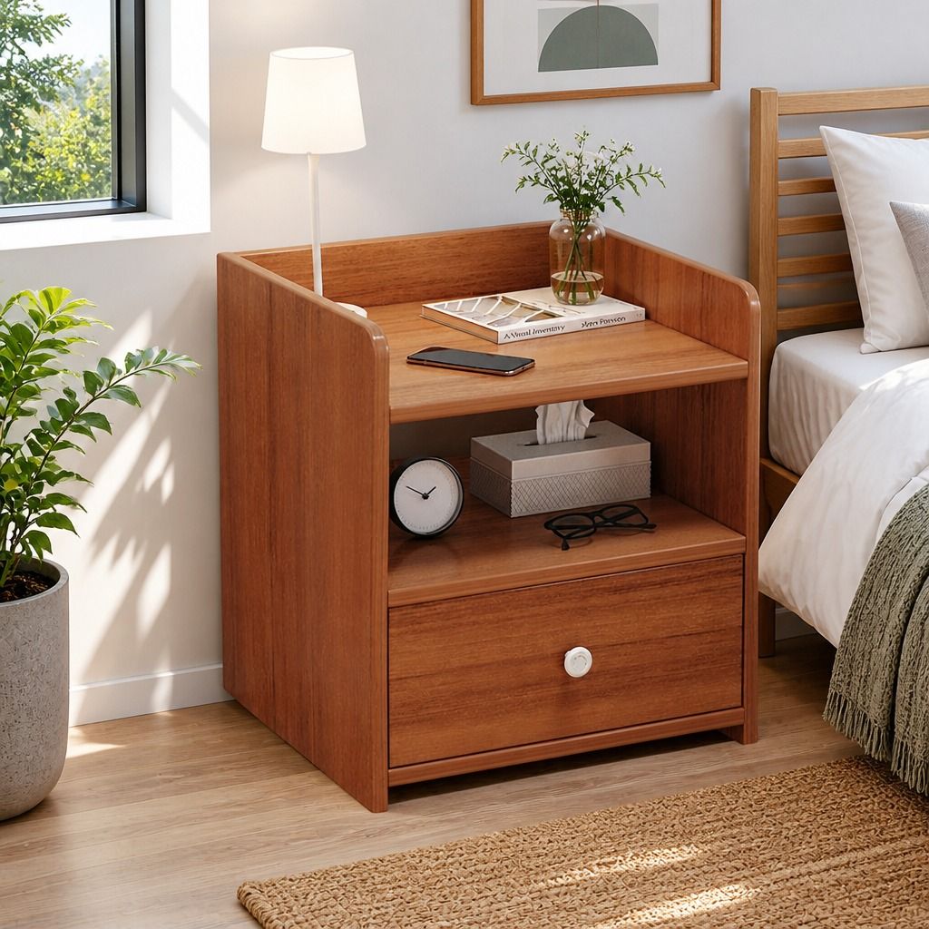 HYGGO Vintage Bedside Table Walnut Nightstand Drawer Open Shelf White Knob 48cm