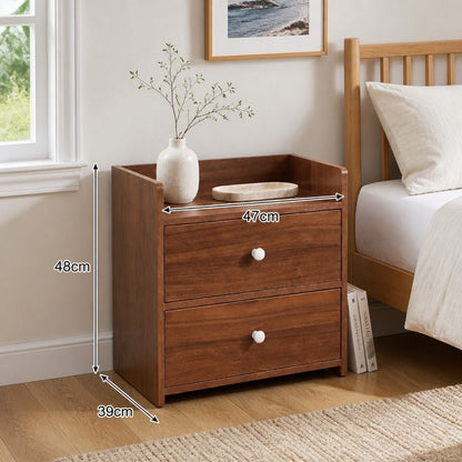 HYGGO Bedside Table Nightstand Walnut Wood Grain Double Drawer Tray Top White Handles