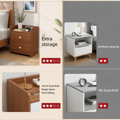 HYGGO Bedside Table Nightstand Walnut Wood Grain Double Drawer Tray Top White Handles