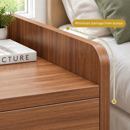 HYGGO Bedside Table Nightstand Walnut Wood Grain Double Drawer Tray Top White Handles