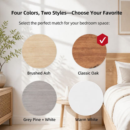 HYGGO Bedside Table Nightstand Walnut Wood Grain Double Drawer Tray Top White Handles