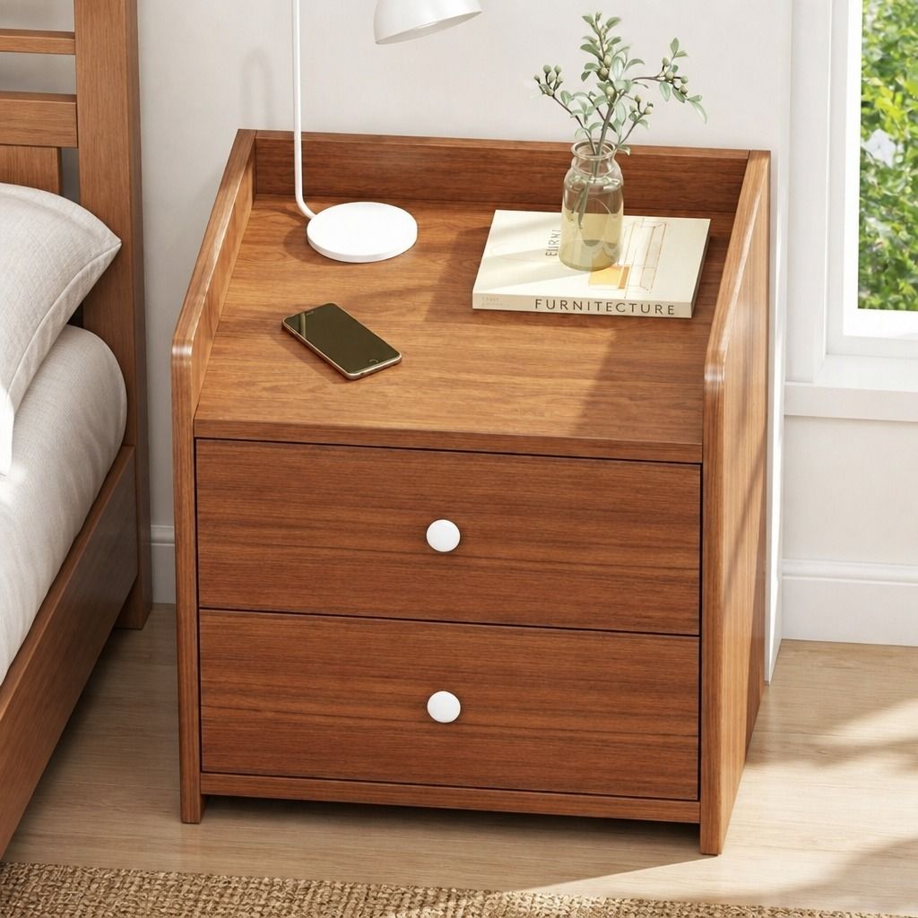 HYGGO Bedside Table Nightstand Walnut Wood Grain Double Drawer Tray Top White Handles
