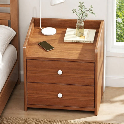HYGGO Bedside Table Nightstand Walnut Wood Grain Double Drawer Tray Top White Handles