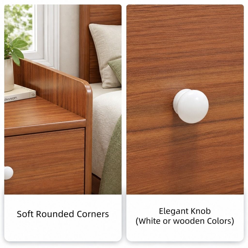HYGGO Bedside Table Nightstand Walnut Wood Grain Double Drawer Tray Top White Handles