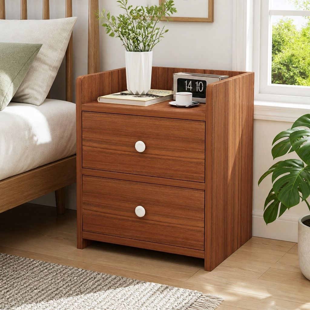 HYGGO Bedside Table Nightstand Walnut Wood Grain Double Drawer Tray Top White Handles