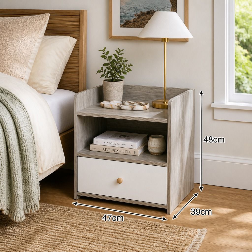 HYGGO Bedside Table Drawer Nightstand Light Gray Wood Grain Storage Tray White 48cm