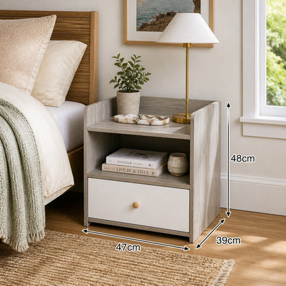 HYGGO Bedside Table Drawer Nightstand Light Gray Wood Grain Storage Tray White 48cm