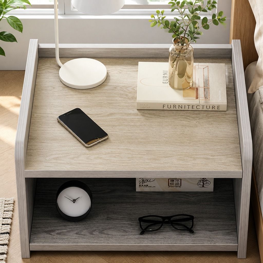 HYGGO Bedside Table Drawer Nightstand Light Gray Wood Grain Storage Tray White 48cm