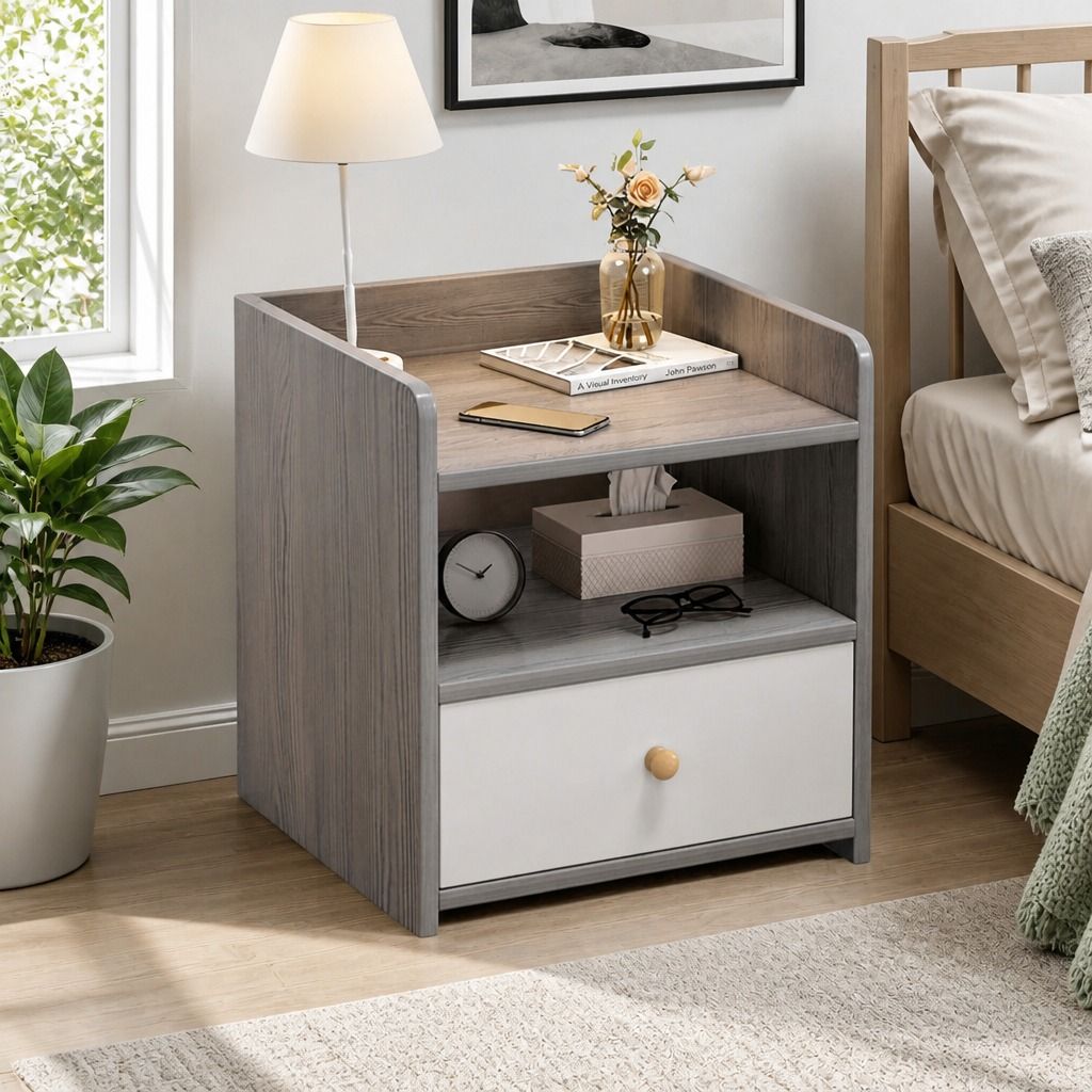 HYGGO Bedside Table Drawer Nightstand Light Gray Wood Grain Storage Tray White 48cm