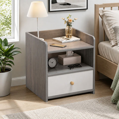 HYGGO Bedside Table Drawer Nightstand Light Gray Wood Grain Storage Tray White 48cm