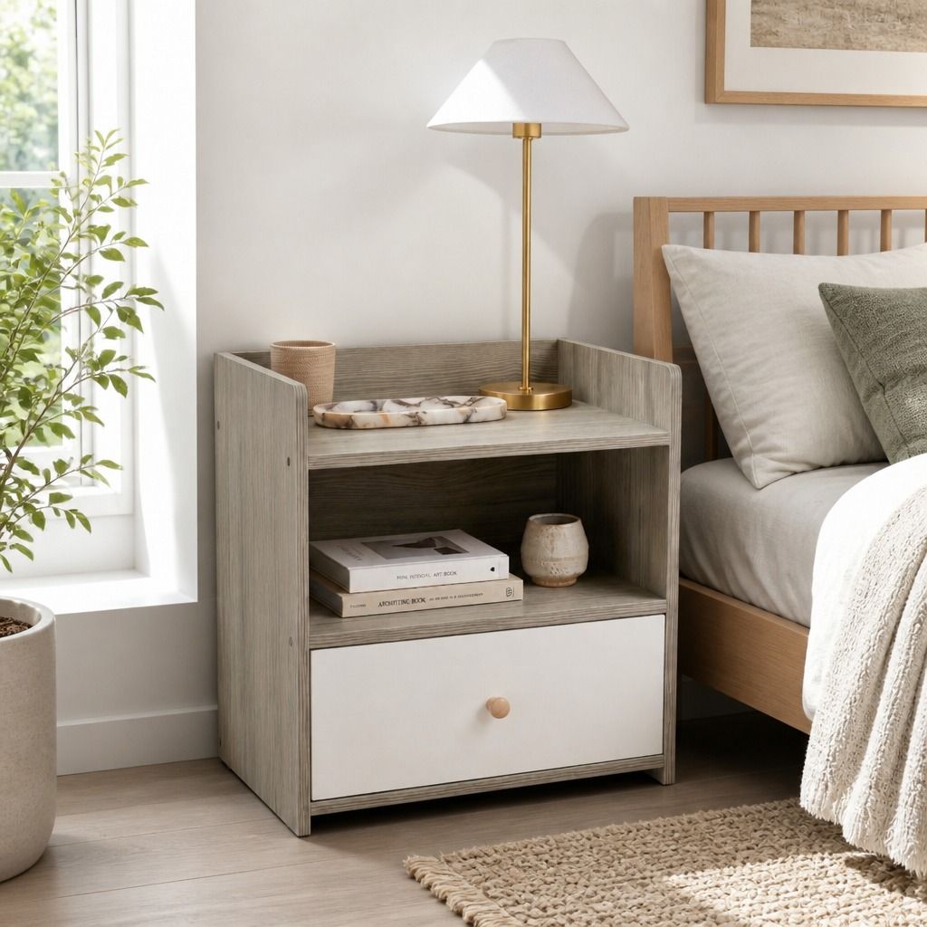 HYGGO Bedside Table Drawer Nightstand Light Gray Wood Grain Storage Tray White 48cm
