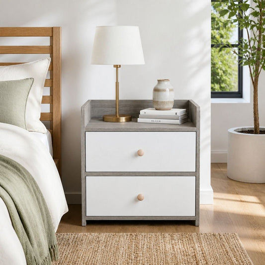 HYGGO Two-Tone Bedside Table Nightstand Light Gray White Drawers Wooden Knobs