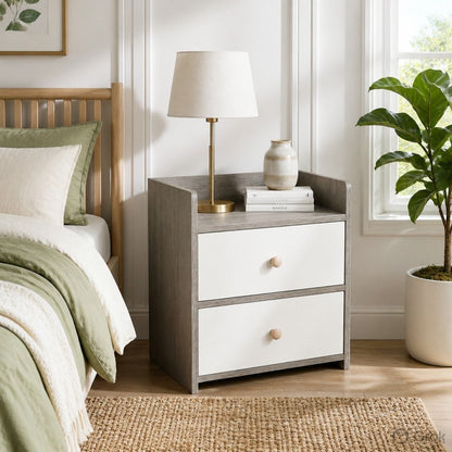 HYGGO Two-Tone Bedside Table Nightstand Light Gray White Drawers Wooden Knobs