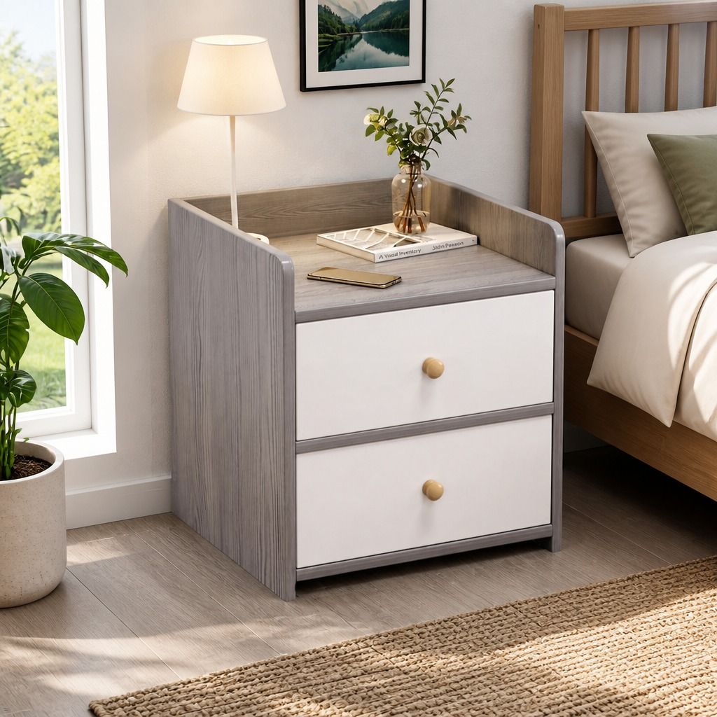 HYGGO Two-Tone Bedside Table Nightstand Light Gray White Drawers Wooden Knobs