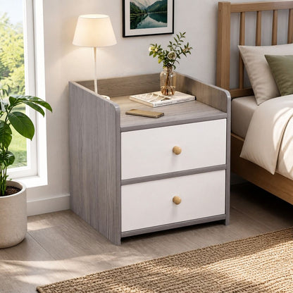 HYGGO Two-Tone Bedside Table Nightstand Light Gray White Drawers Wooden Knobs