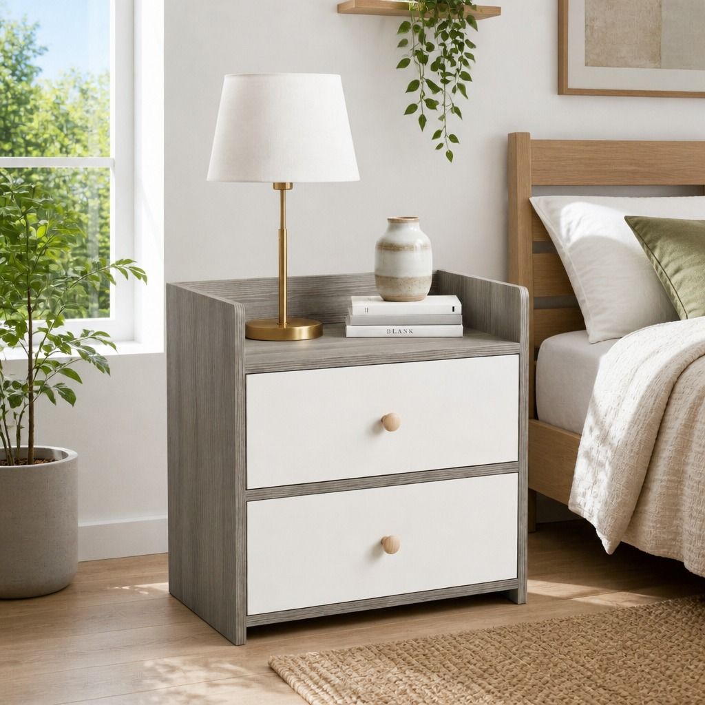 HYGGO Two-Tone Bedside Table Nightstand Light Gray White Drawers Wooden Knobs
