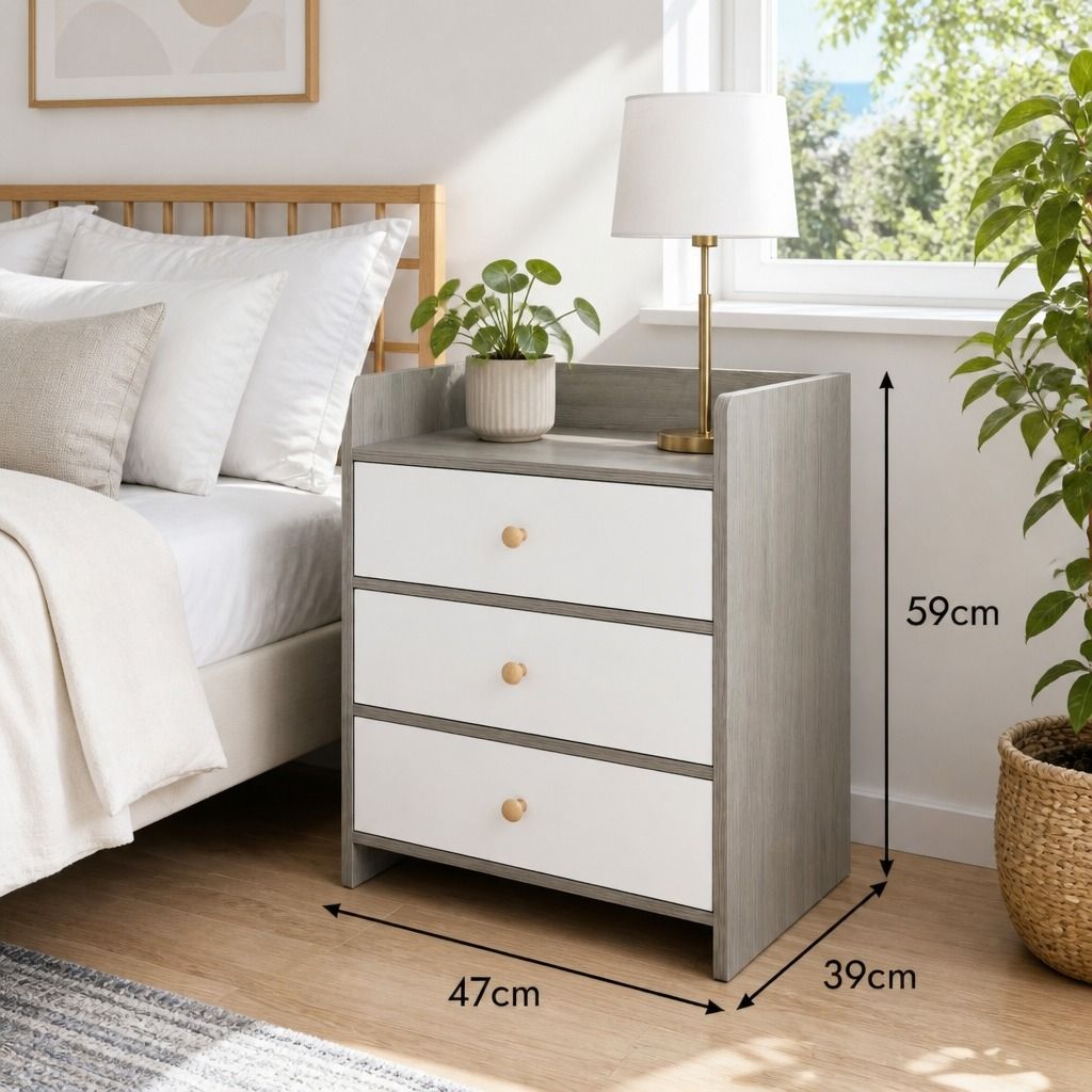 HYGGO Bedside Table Drawer Nightstand Light Gray Wood Grain 3 Drawers Wooden Knobs