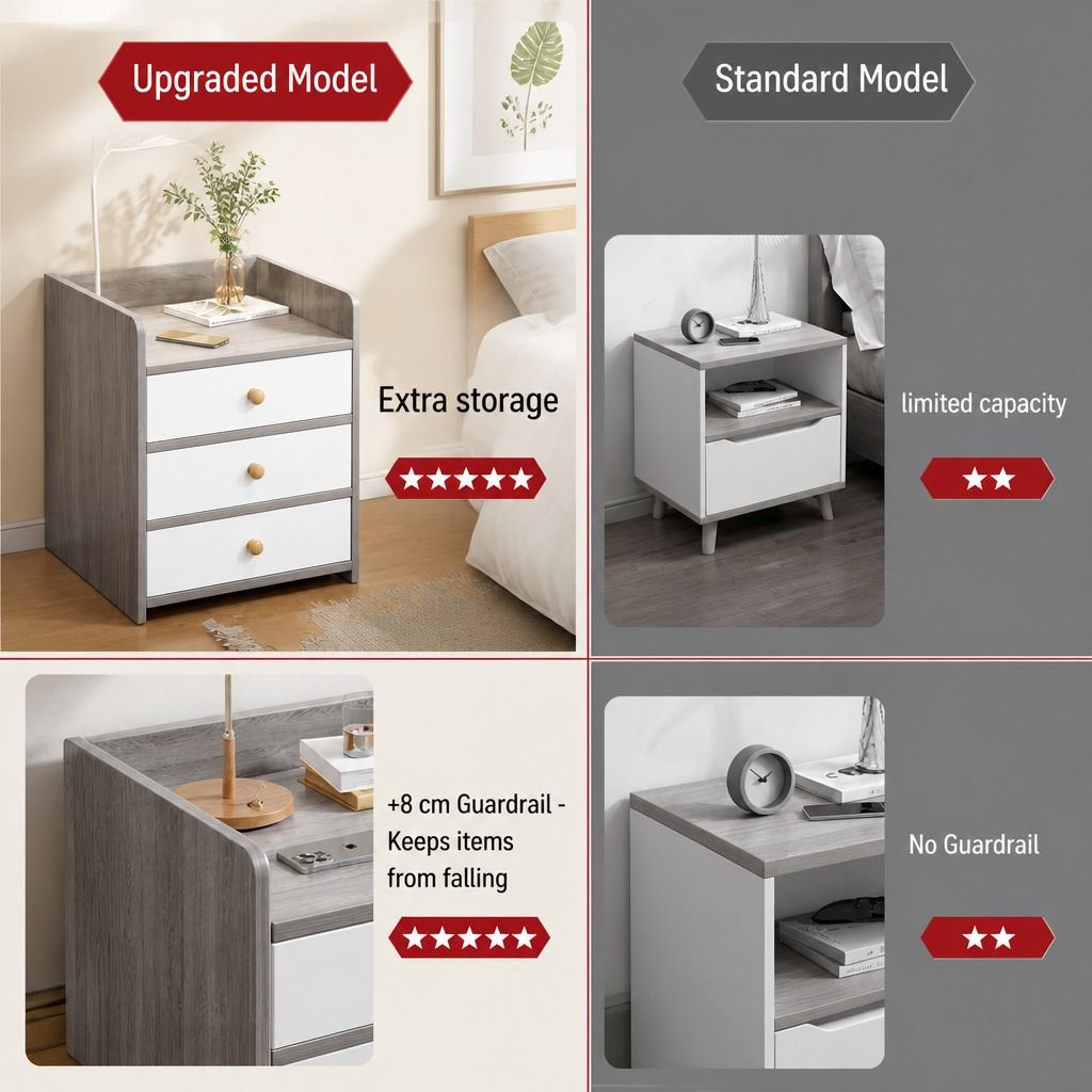HYGGO Bedside Table Drawer Nightstand Light Gray Wood Grain 3 Drawers Wooden Knobs