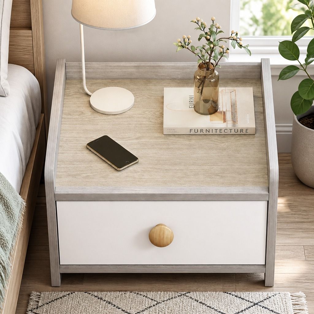 HYGGO Bedside Table Drawer Nightstand Light Gray Wood Grain 3 Drawers Wooden Knobs