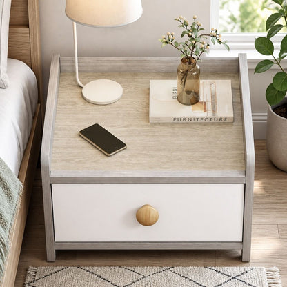 HYGGO Bedside Table Drawer Nightstand Light Gray Wood Grain 3 Drawers Wooden Knobs