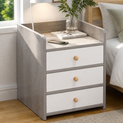 HYGGO Bedside Table Drawer Nightstand Light Gray Wood Grain 3 Drawers Wooden Knobs