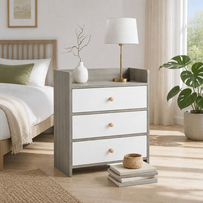 HYGGO Bedside Table Drawer Nightstand Light Gray Wood Grain 3 Drawers Wooden Knobs