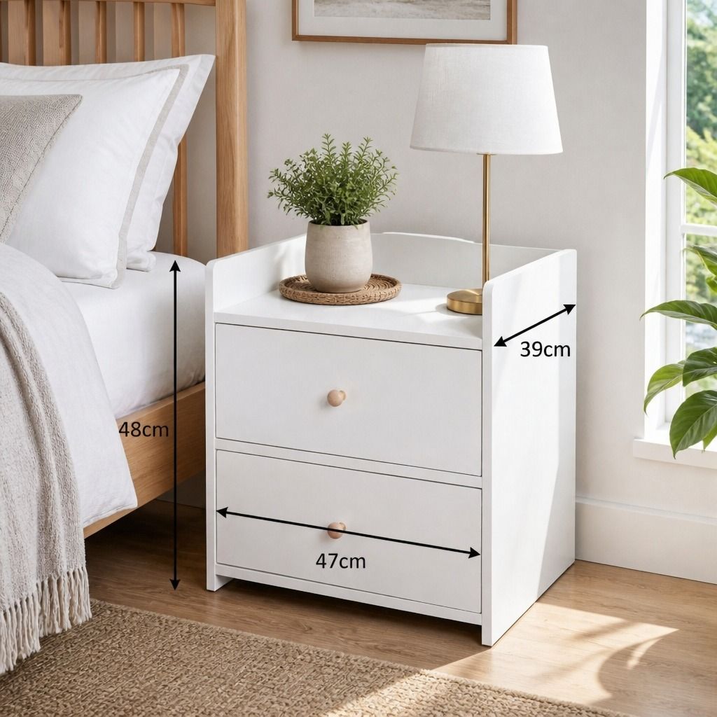 HYGGO White Minimalist Nightstand Double Drawer Bedside Table Wooden Handles Tray
