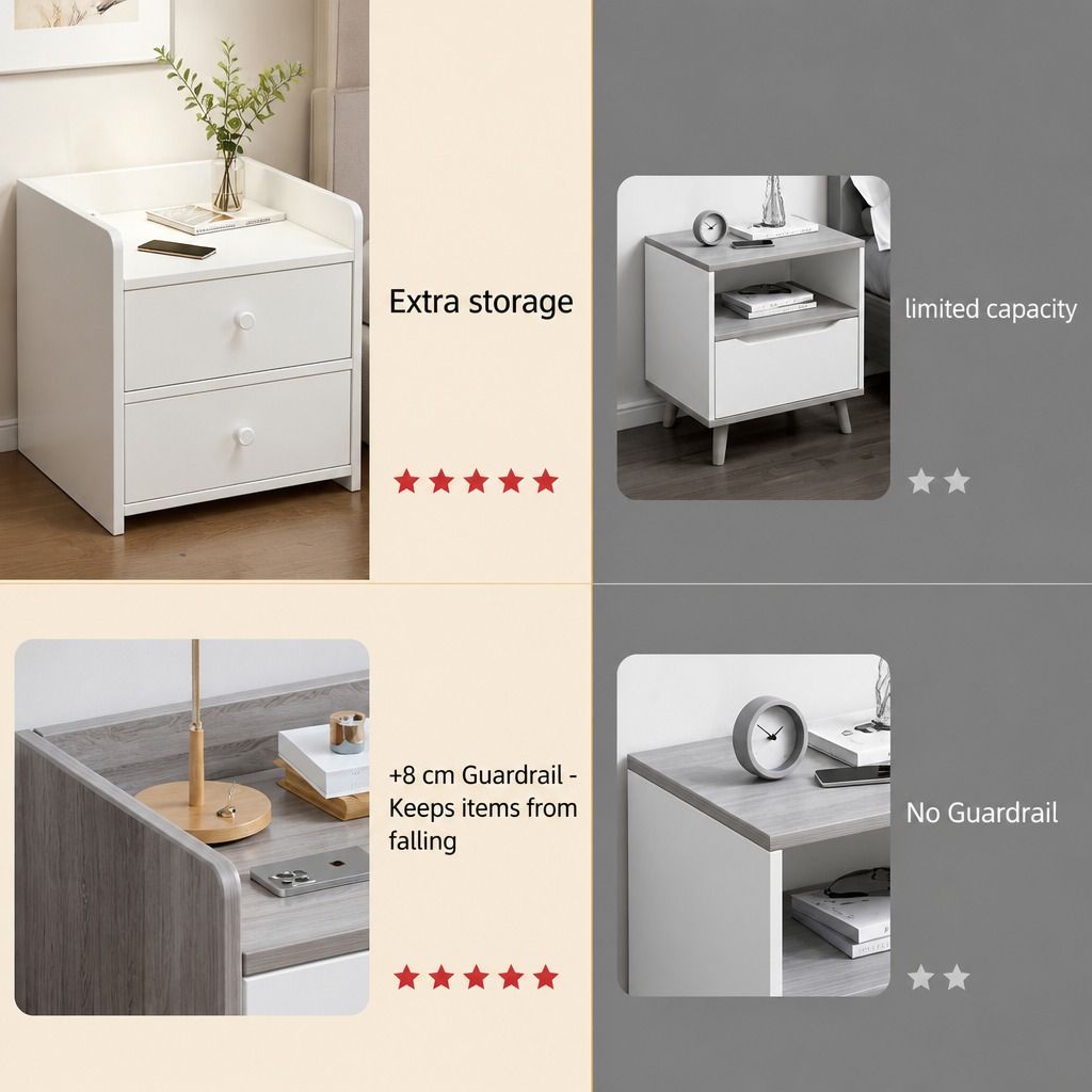 HYGGO White Minimalist Nightstand Double Drawer Bedside Table Wooden Handles Tray