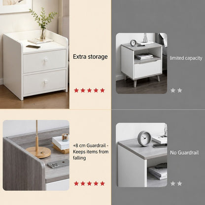 HYGGO White Minimalist Nightstand Double Drawer Bedside Table Wooden Handles Tray