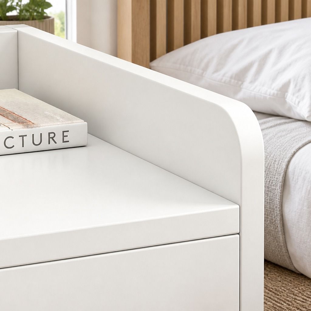 HYGGO White Minimalist Nightstand Double Drawer Bedside Table Wooden Handles Tray