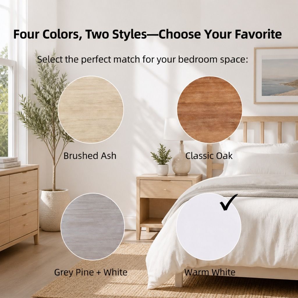 HYGGO White Minimalist Nightstand Double Drawer Bedside Table Wooden Handles Tray