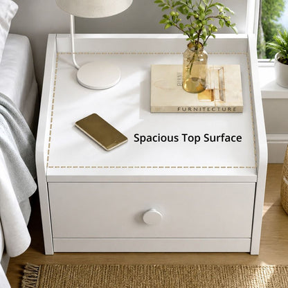 HYGGO White Minimalist Nightstand Double Drawer Bedside Table Wooden Handles Tray