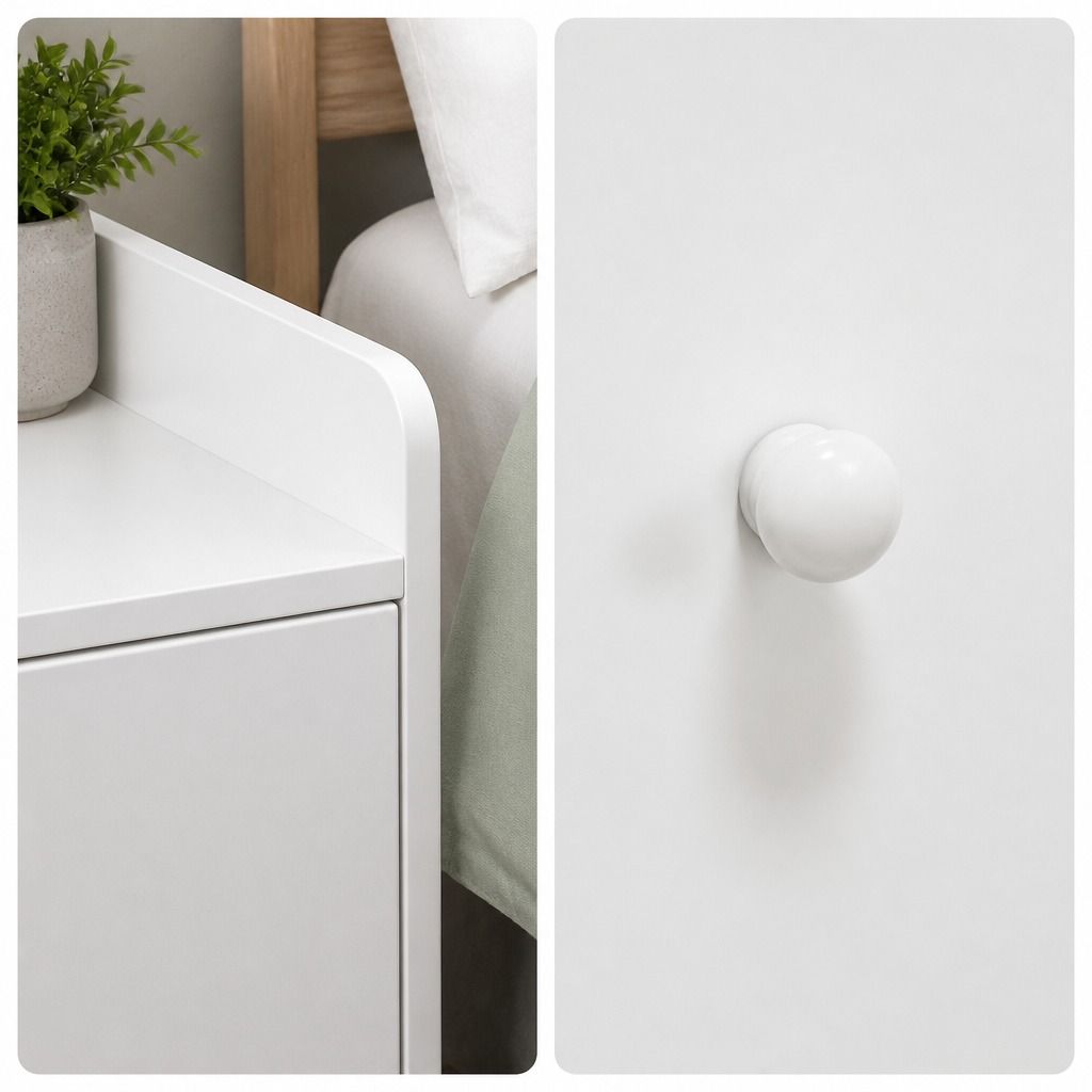 HYGGO White Minimalist Nightstand Double Drawer Bedside Table Wooden Handles Tray
