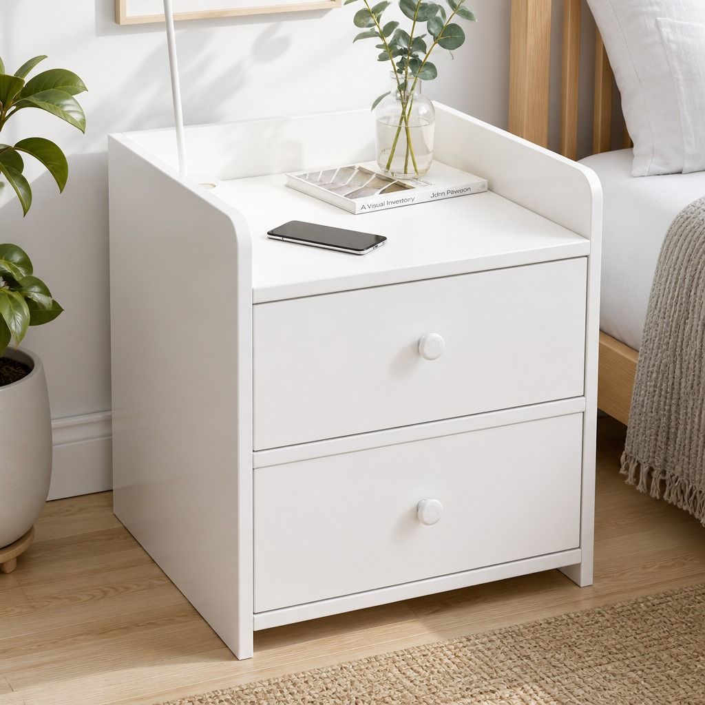 HYGGO White Minimalist Nightstand Double Drawer Bedside Table Wooden Handles Tray