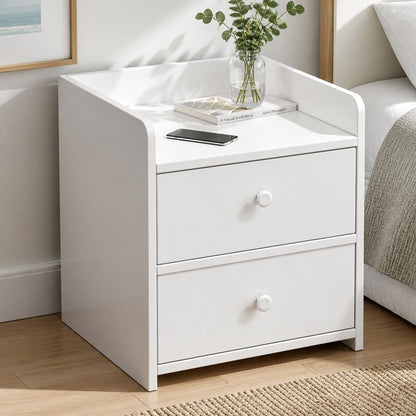 HYGGO White Minimalist Nightstand Double Drawer Bedside Table Wooden Handles Tray