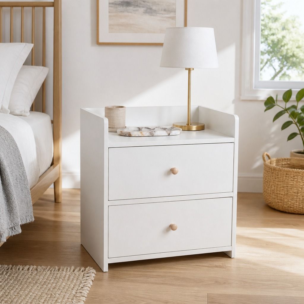 HYGGO White Minimalist Nightstand Double Drawer Bedside Table Wooden Handles Tray