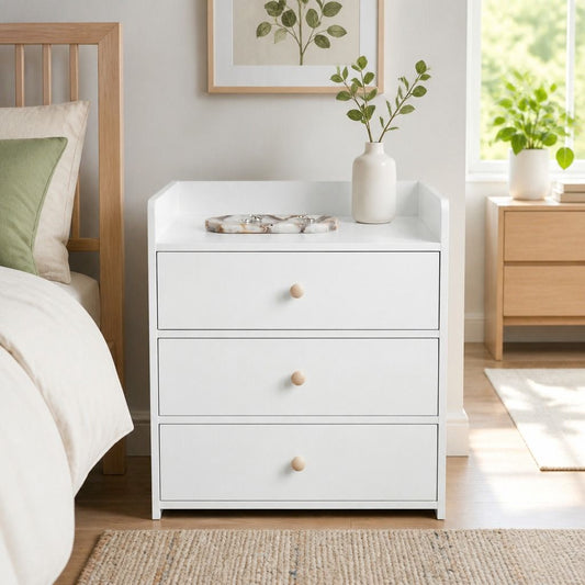 HYGGO White Minimalist Nightstand Bedside Table Triple Drawer Wooden Handles Tray