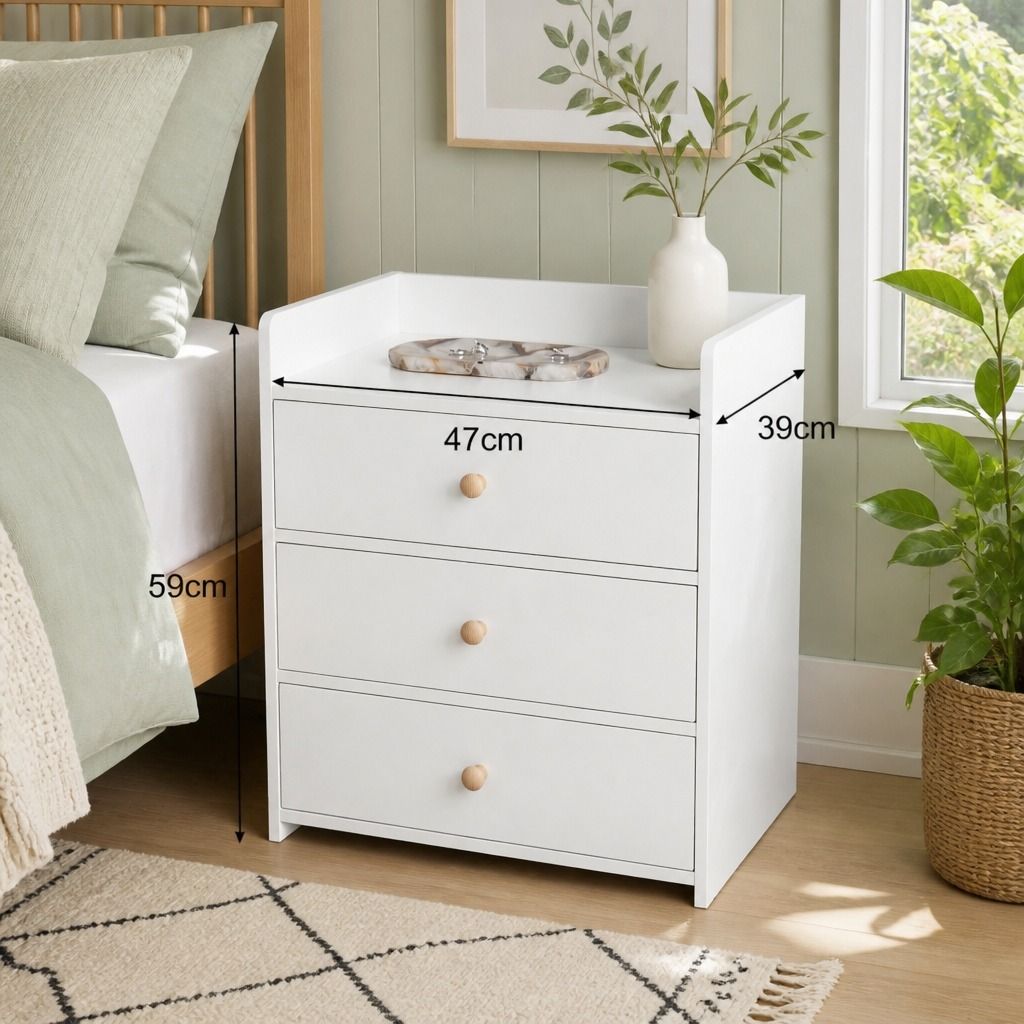 HYGGO White Minimalist Nightstand Bedside Table Triple Drawer Wooden Handles Tray