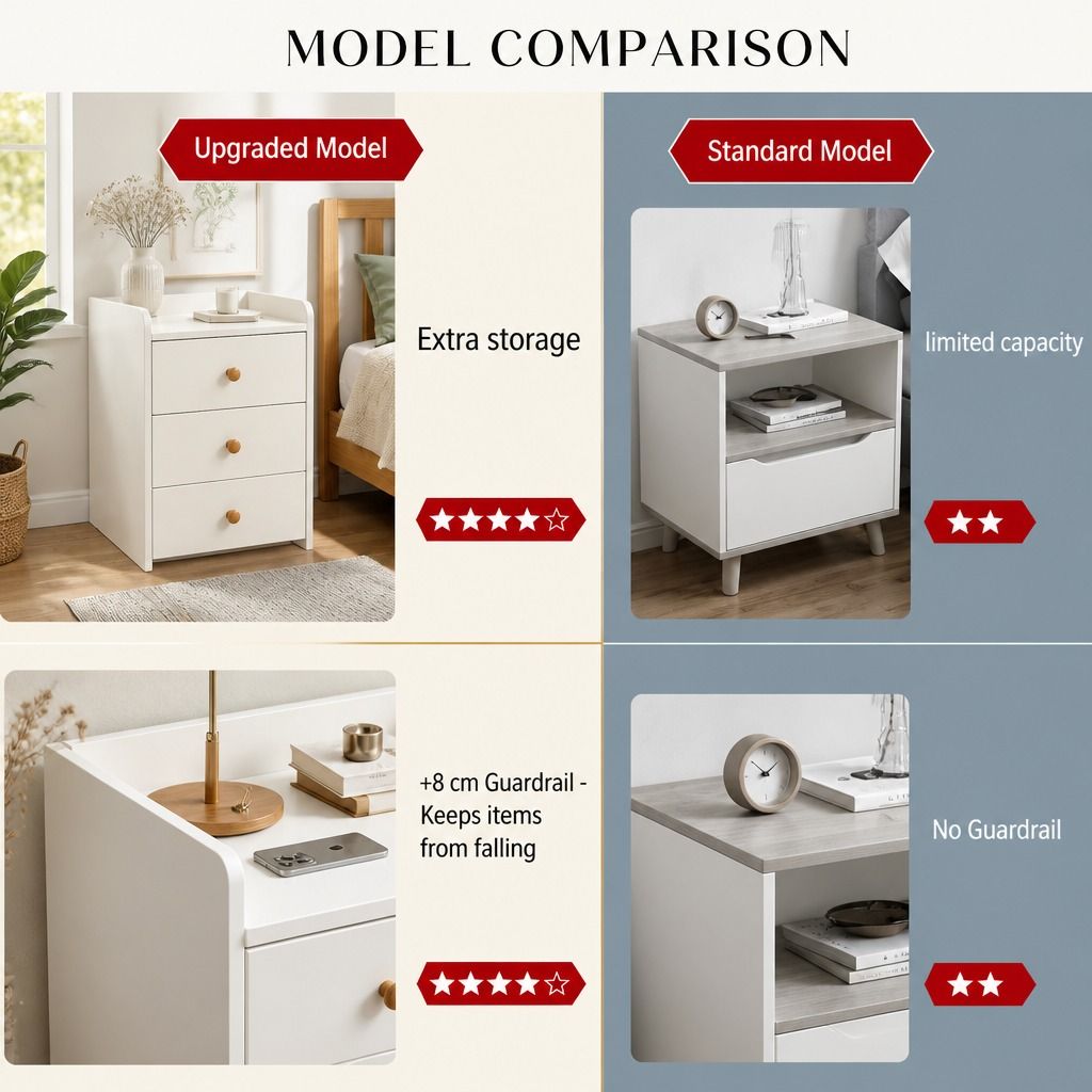 HYGGO White Minimalist Nightstand Bedside Table Triple Drawer Wooden Handles Tray