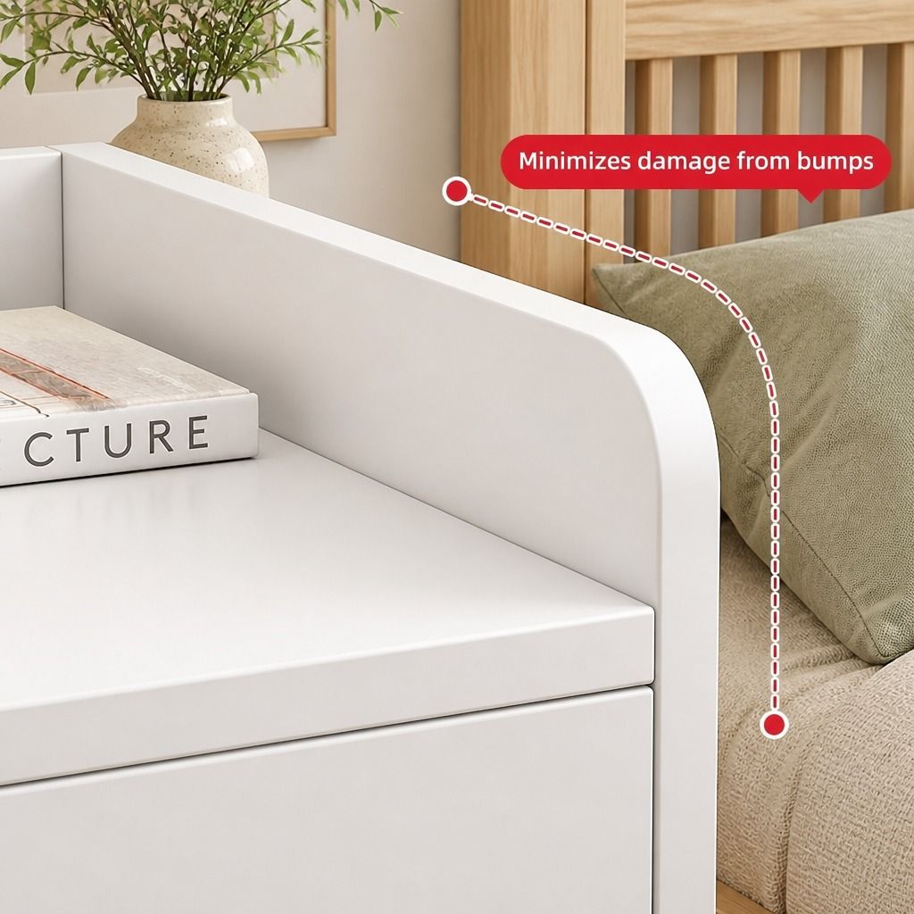 HYGGO White Minimalist Nightstand Bedside Table Triple Drawer Wooden Handles Tray