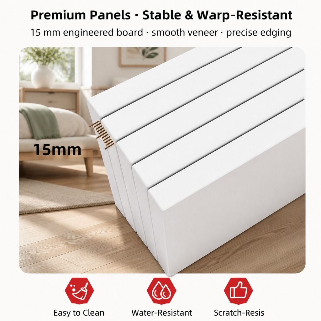 HYGGO White Minimalist Nightstand Bedside Table Triple Drawer Wooden Handles Tray