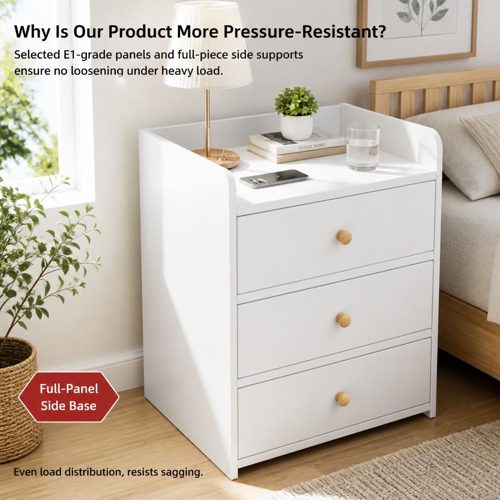 HYGGO White Minimalist Nightstand Bedside Table Triple Drawer Wooden Handles Tray
