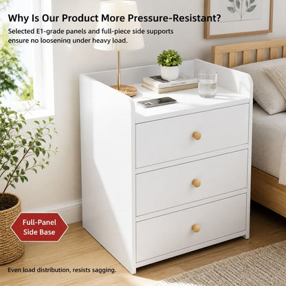 HYGGO White Minimalist Nightstand Bedside Table Triple Drawer Wooden Handles Tray