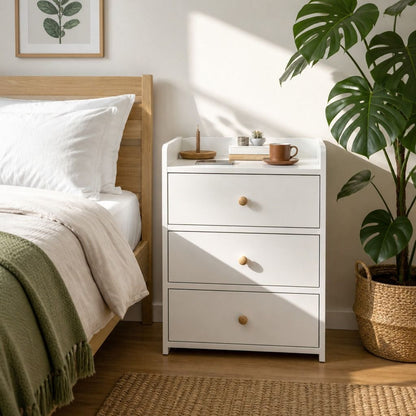 HYGGO White Minimalist Nightstand Bedside Table Triple Drawer Wooden Handles Tray