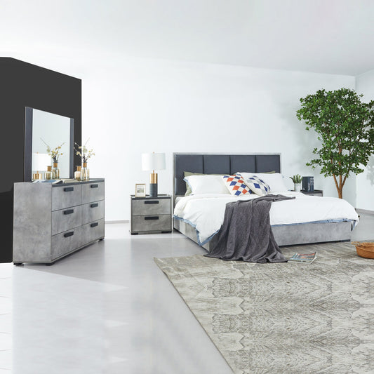 Queen 5 Pcs Bedroom Suite Fabric Upholstery MDF Combination of Black & Cement Colour