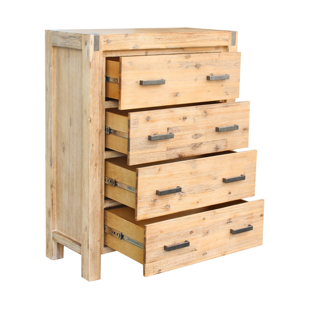 4 Pieces Bedroom Suite in Solid Wood Veneered Acacia Construction Timber Slat Double Size Oak Colour Bed, Bedside Table & Tallboy