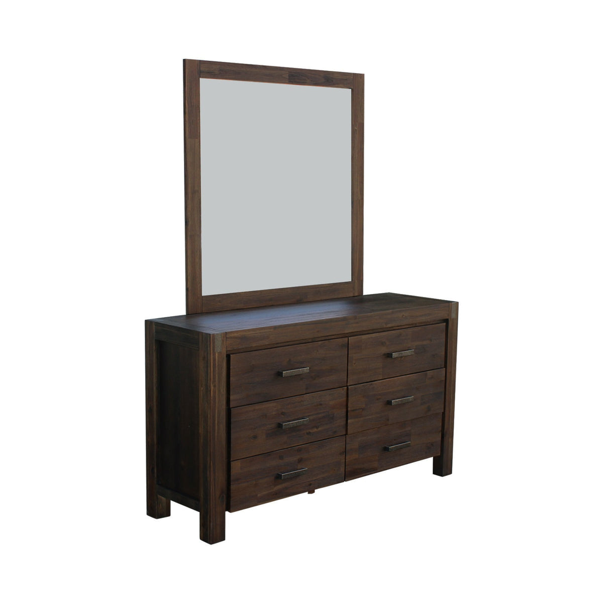 5 Pieces Bedroom Suite in Solid Wood Veneered Acacia Construction Timber Slat Double Size Chocolate Colour Bed, Bedside Table, Tallboy & Dresser